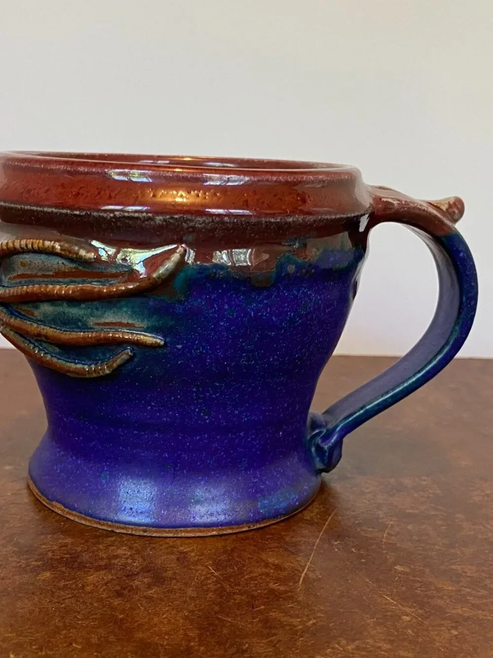 SET 3 Vintage Ceramic Cups Mugs Hand Thrown Cobalt Blue Squid Green Rainbow
